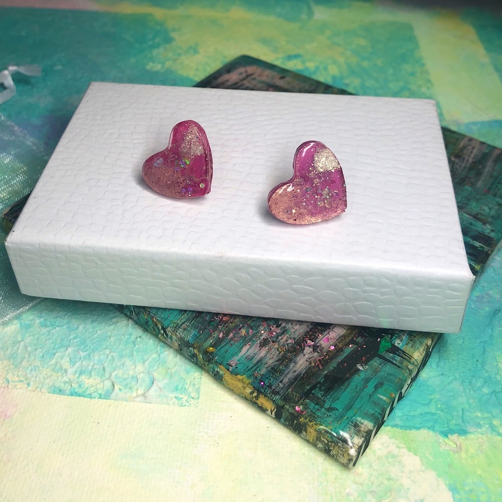 Rose Gold Pink Heart Stud Earrings - Valentines